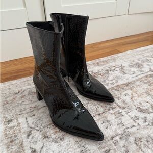 Zara Glossy Black Croc-Pattern Heeled Boots